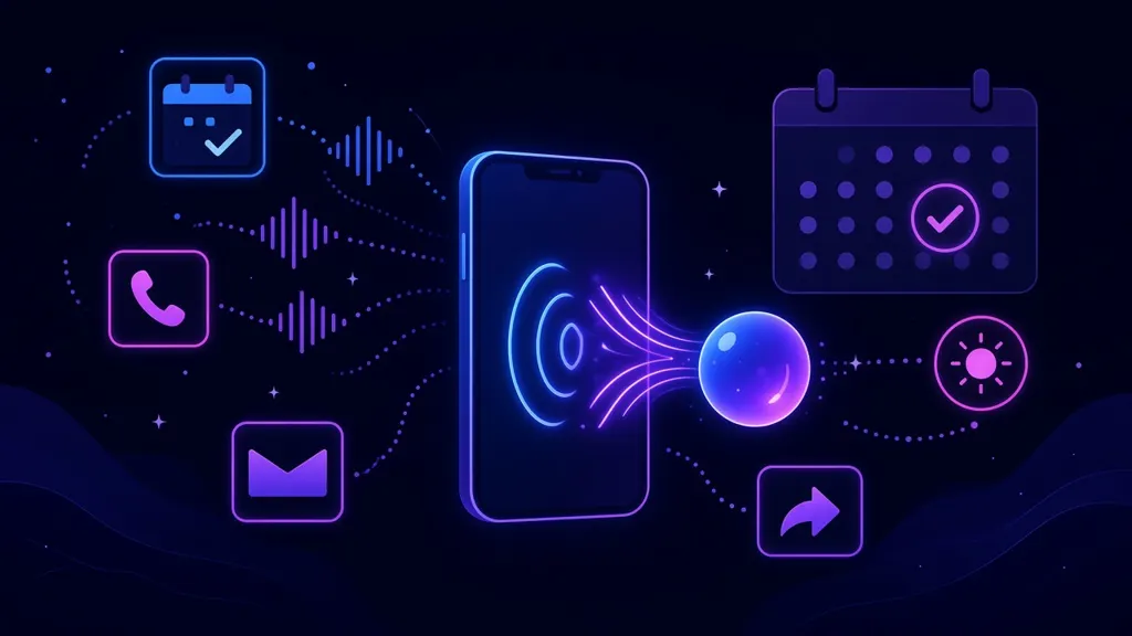 Illustration of a phone call flowing into an AI assistant that books on a calendar, sends a message and forwards a call