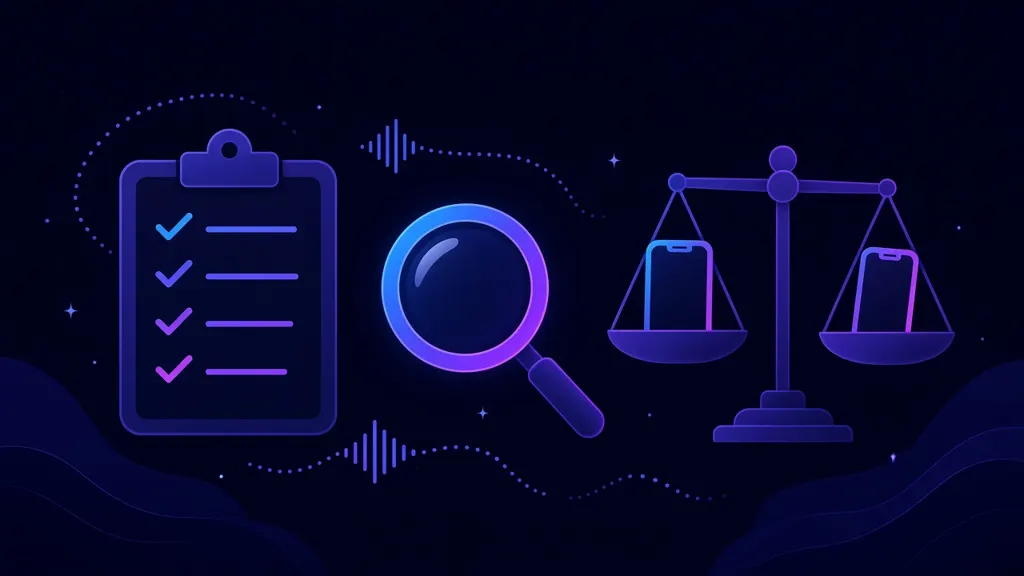 Illustration of a checklist, a magnifying glass and a balance scale comparing two phone systems
