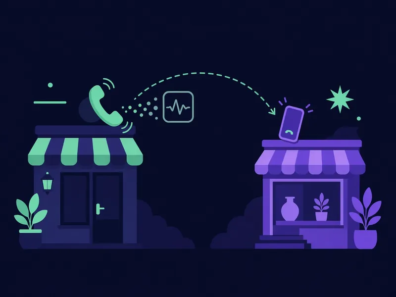 Illustration of a small shop missing a ringing call while the caller turns to a competitor
