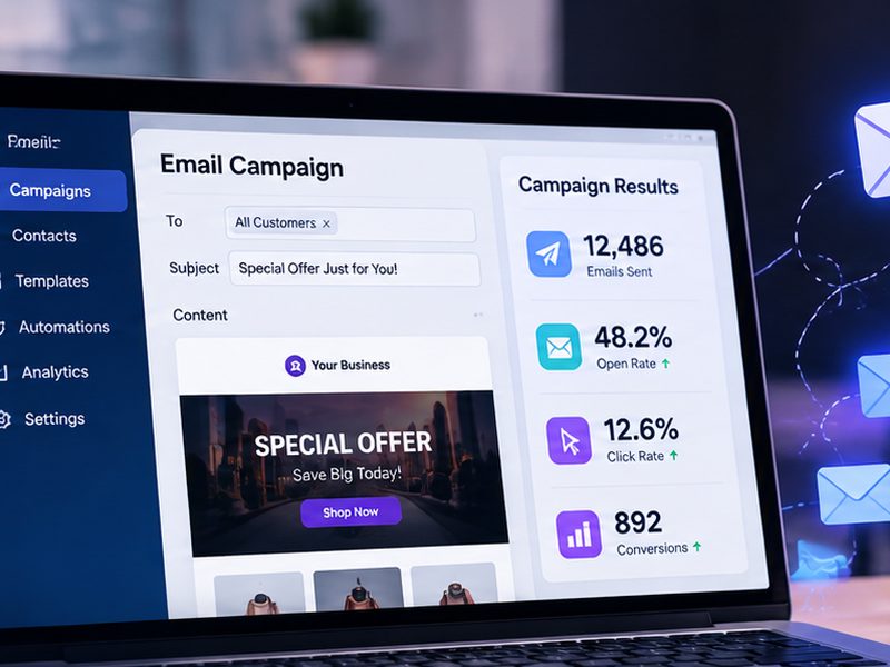 Laptop showing an email campaign builder with a special offer email and campaign results
