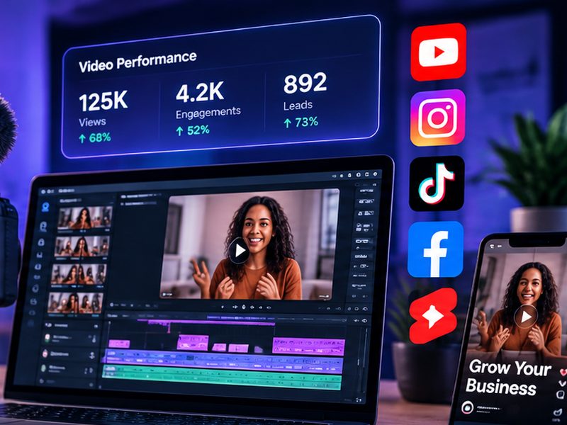 Laptop video editor with a performance panel, social media icons and a phone video preview